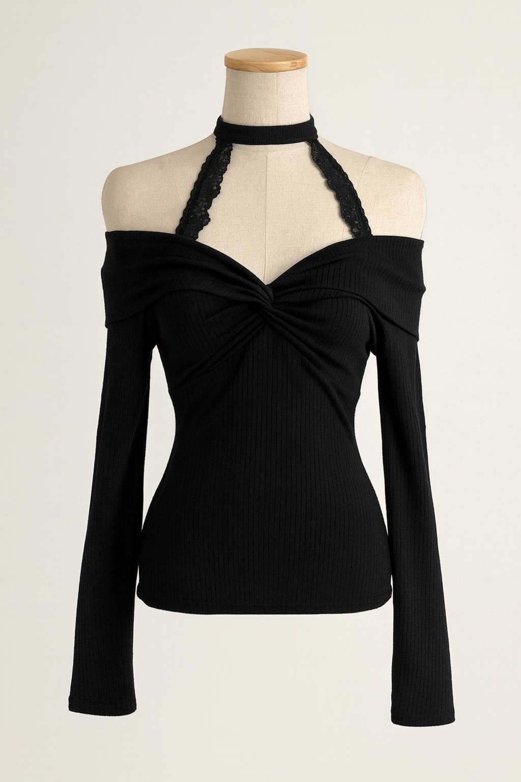 A185 Halterneck Lace Long-Sleeve Top