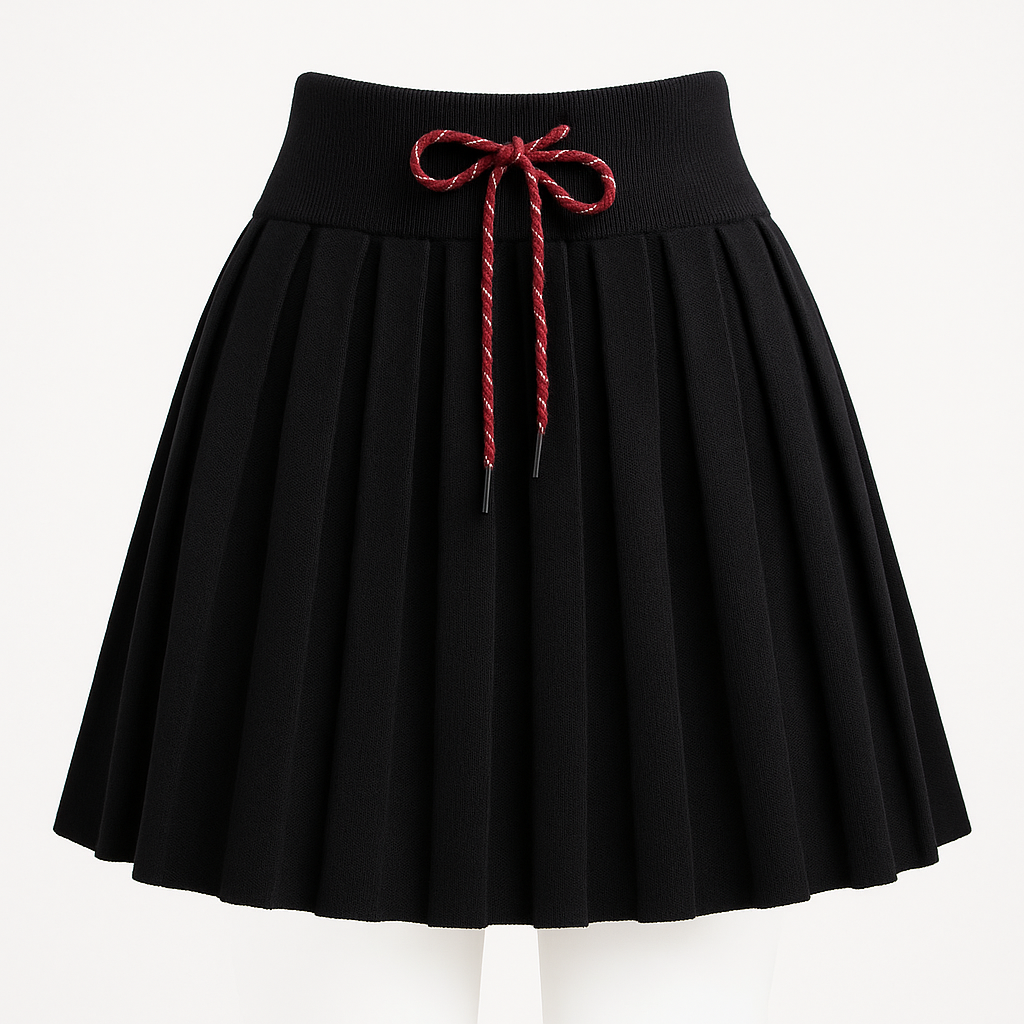 Knit Pleated Rope-Tie Mini Skirt