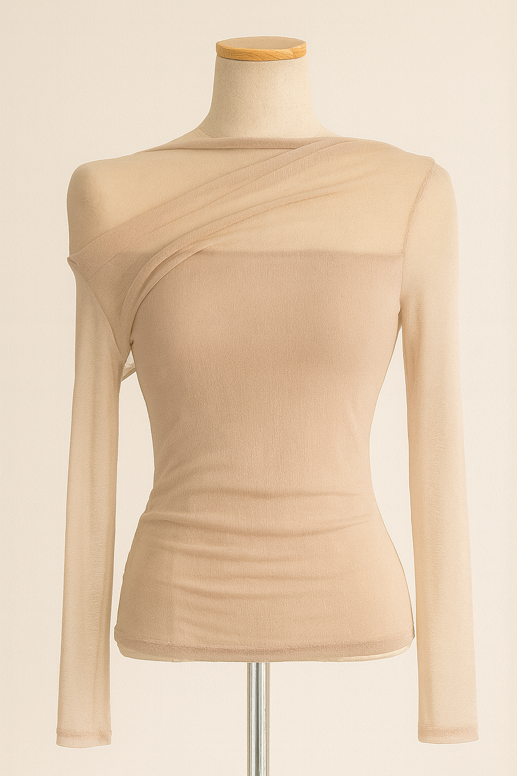 Slant-Collar Mesh Long Sleeve Top