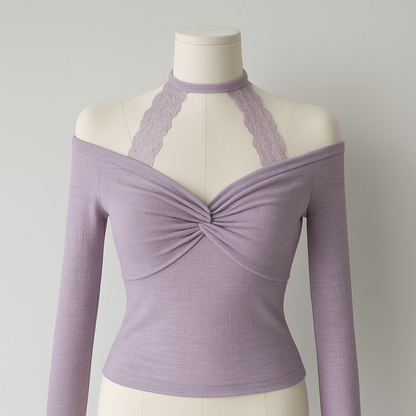 A185 Halterneck Lace Long-Sleeve Top