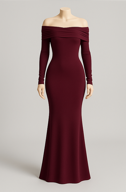 Off-Shoulder Pleated Knit Maxi Dress