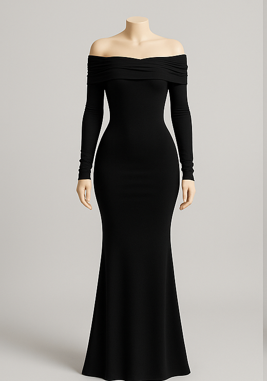 Off-Shoulder Pleated Knit Maxi Dress