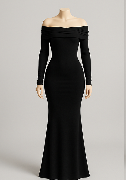 Off-Shoulder Pleated Knit Maxi Dress