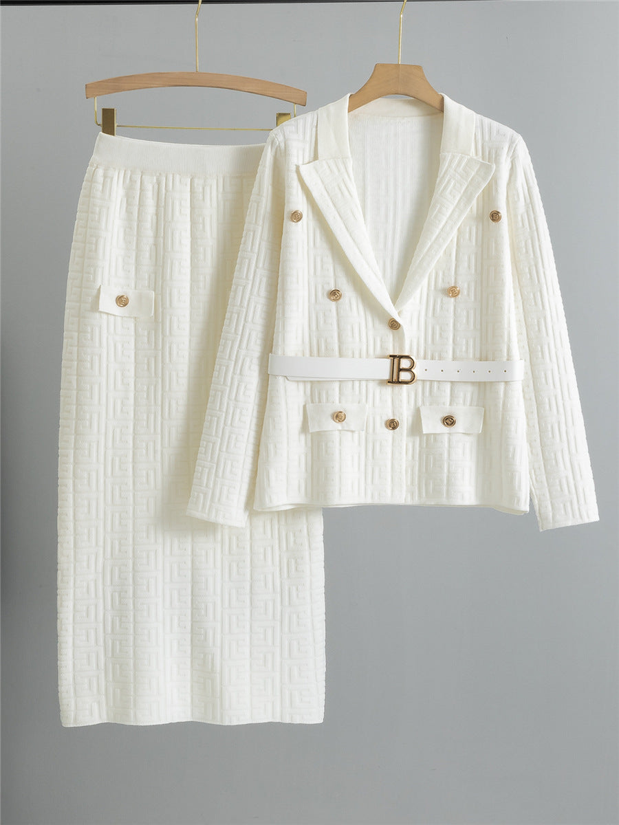 Cross-Border Knitted Suit Collar Coat & Skirt Set