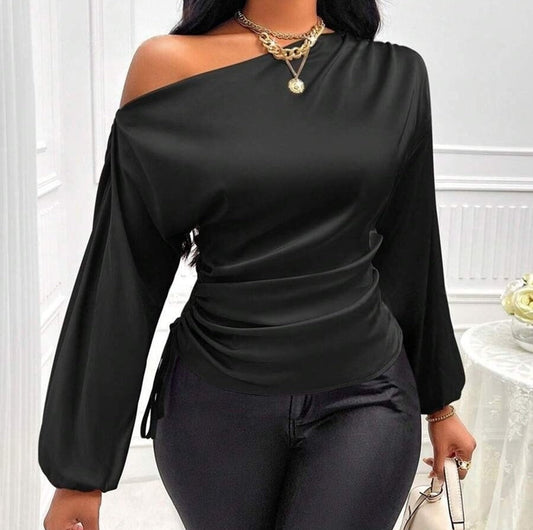 Asymmetrical Satin Slope-Collar Shirt
