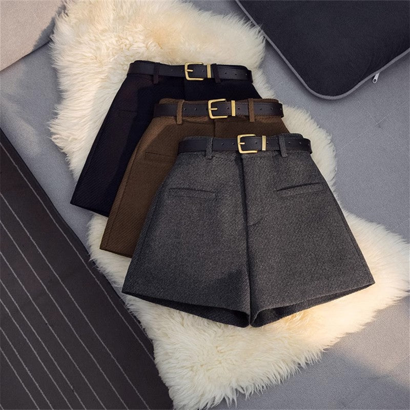 High-Waist Woolen Straight Shorts