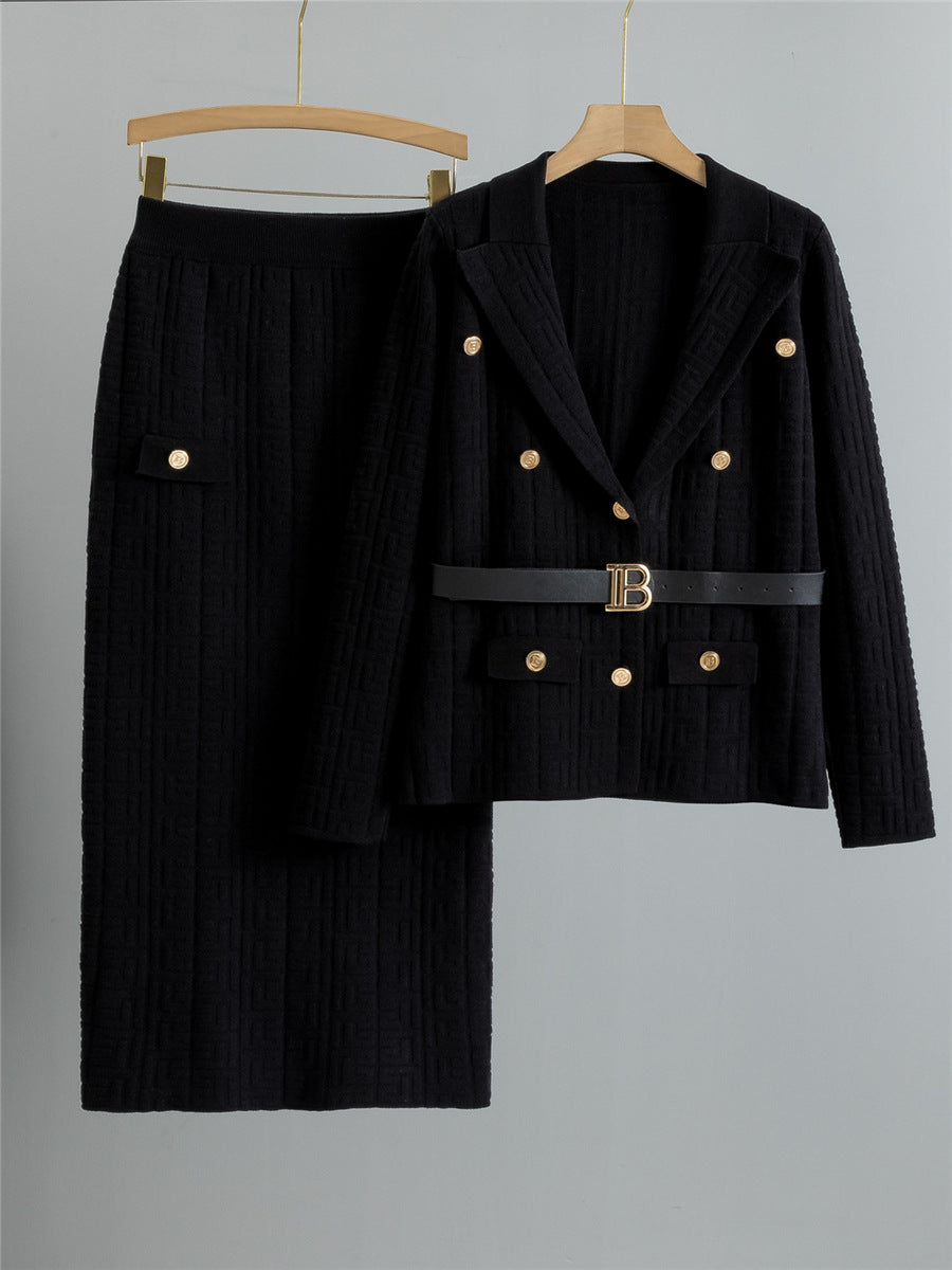 Cross-Border Knitted Suit Collar Coat & Skirt Set
