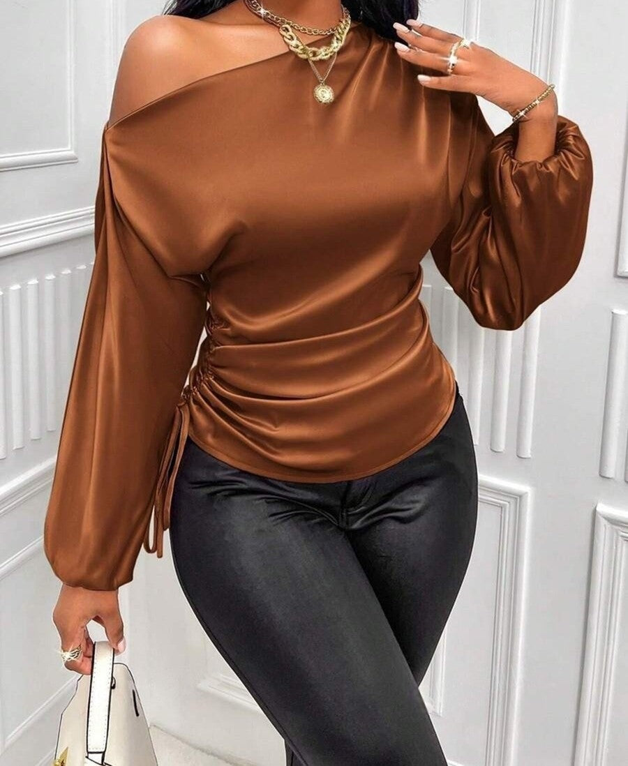Asymmetrical Satin Slope-Collar Shirt