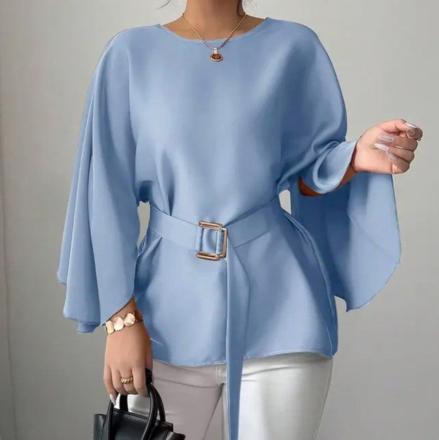 Elegant Mid-Sleeve Belted Chiffon Top