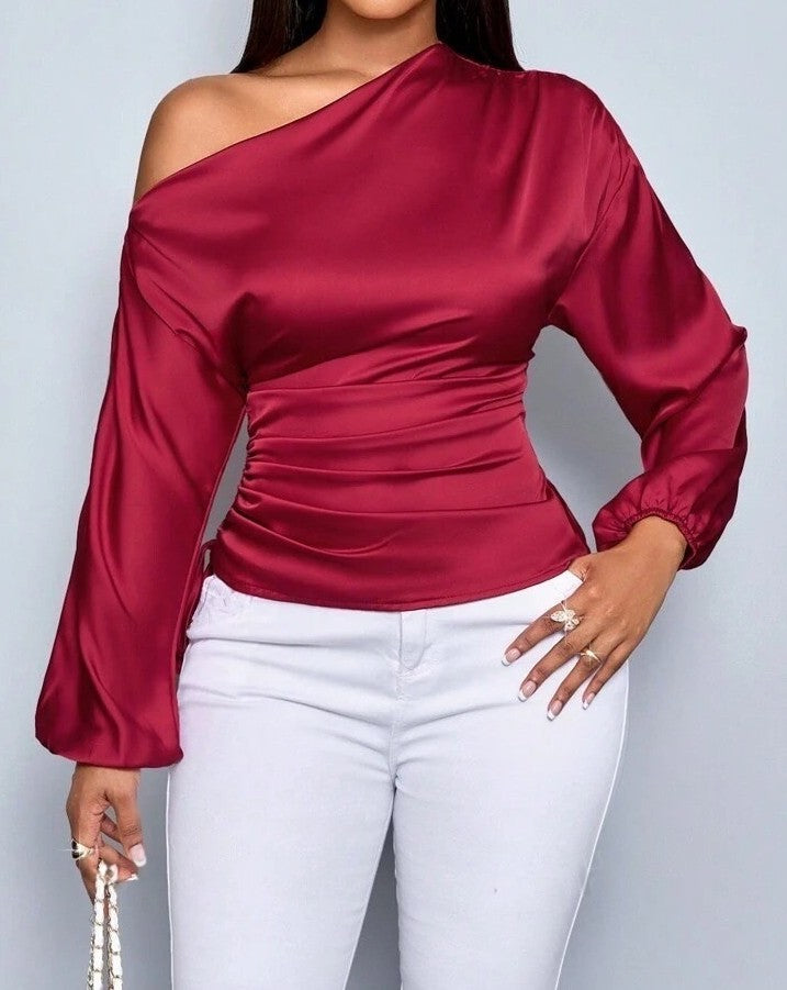 Asymmetrical Satin Slope-Collar Shirt