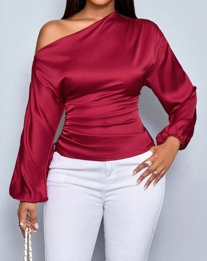 Asymmetrical Satin Slope-Collar Shirt