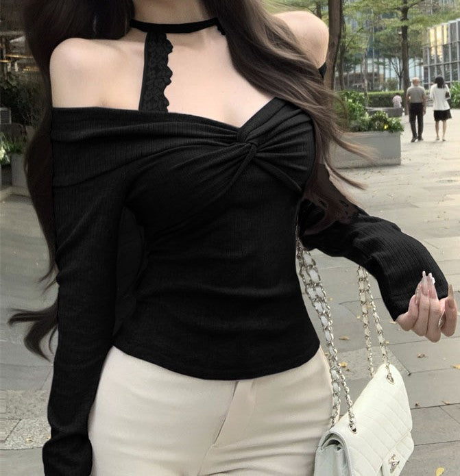 A185 Halterneck Lace Long-Sleeve Top