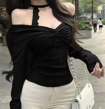 A185 Halterneck Lace Long-Sleeve Top