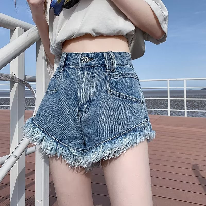 High-Waist Slim-Look Pink Denim Shorts