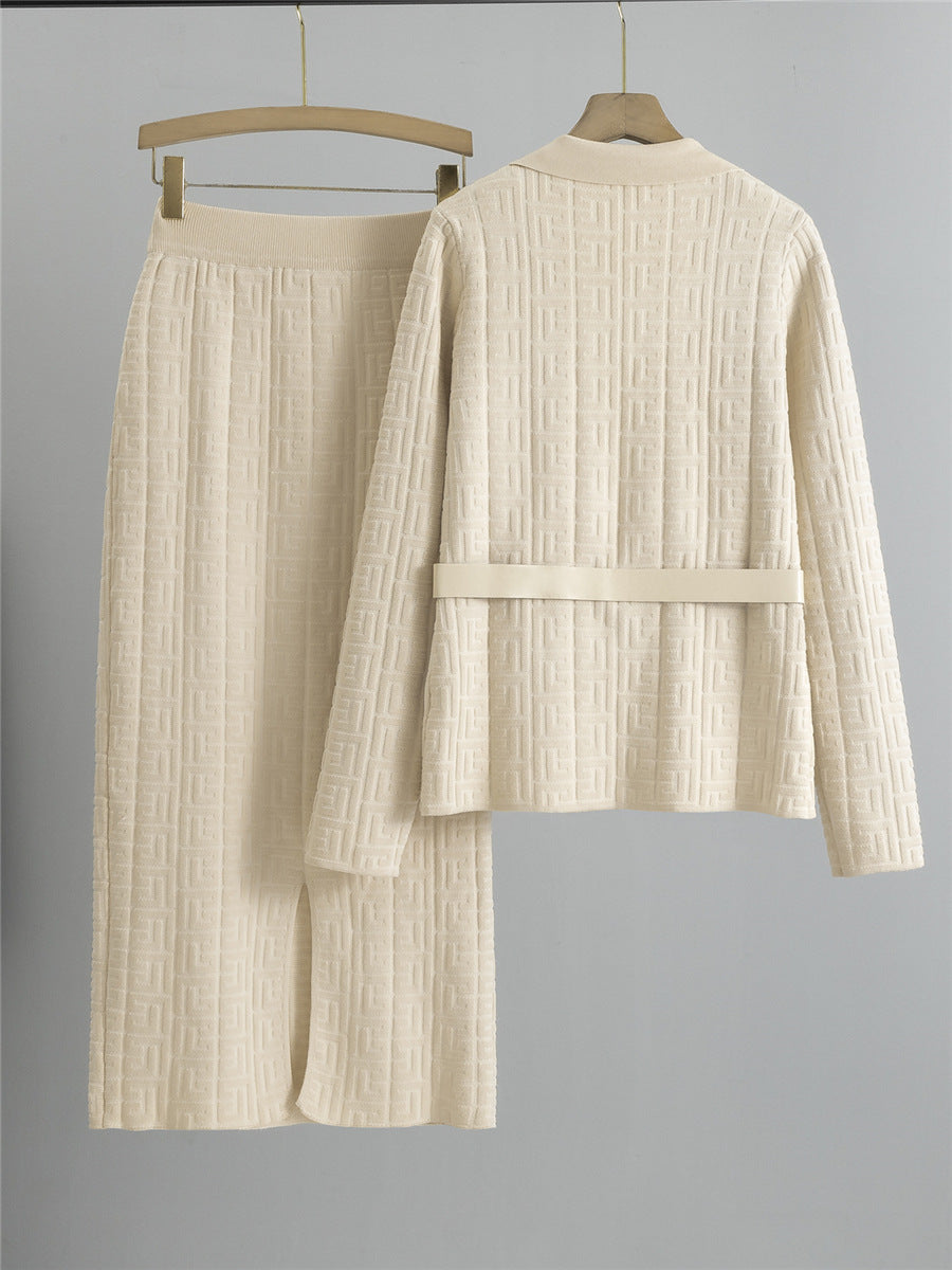 Cross-Border Knitted Suit Collar Coat & Skirt Set