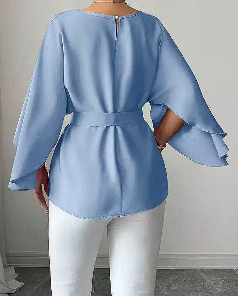 Elegant Mid-Sleeve Belted Chiffon Top