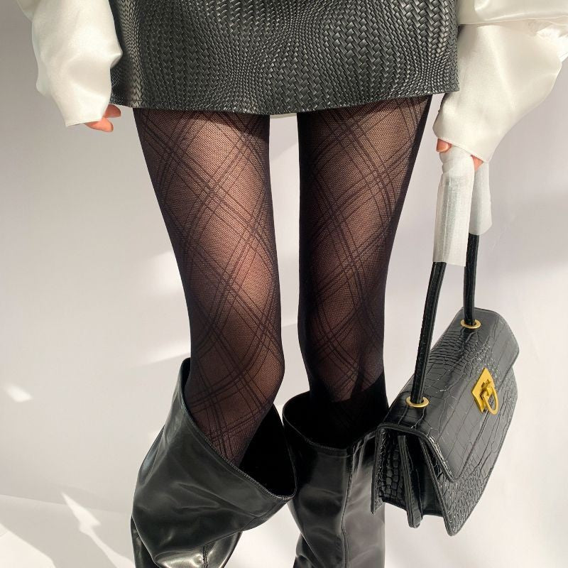 Black Diamond Plaid Silk Stockings