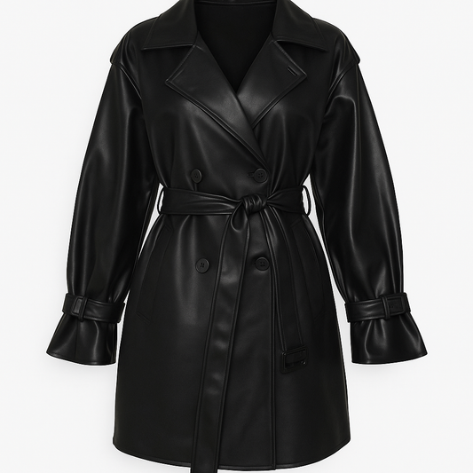 Faux-Leather Belted Trench Coat