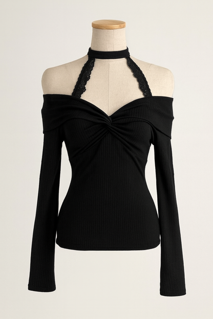 A185 Halterneck Lace Long-Sleeve Top