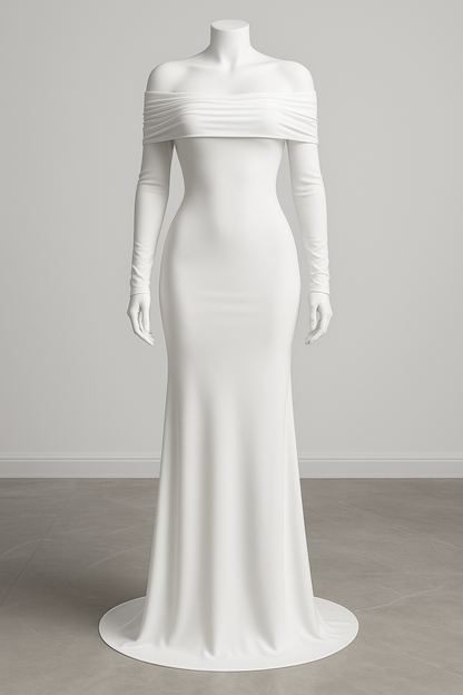 Off-Shoulder Pleated Knit Maxi Dress