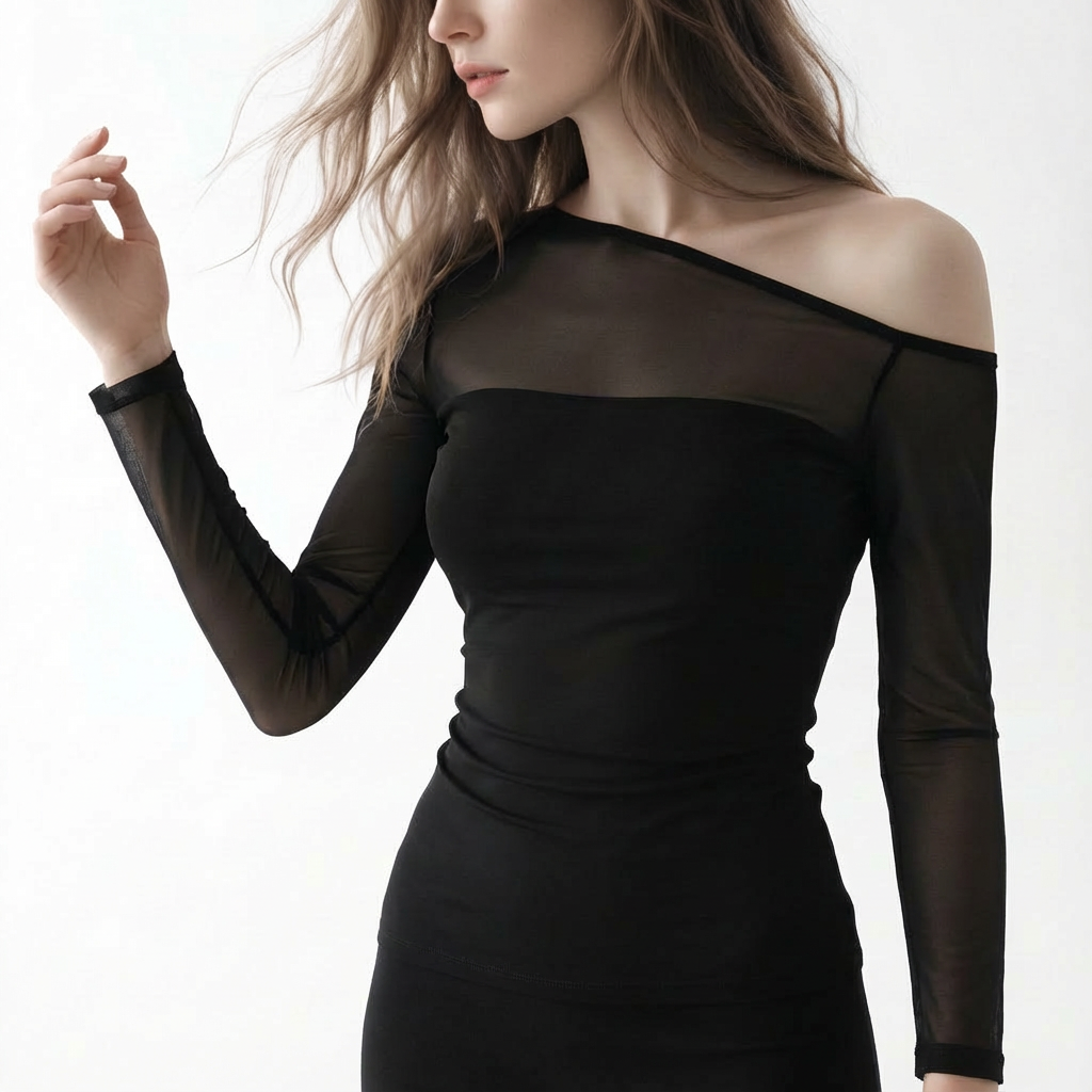 Slant-Collar Mesh Long Sleeve Top