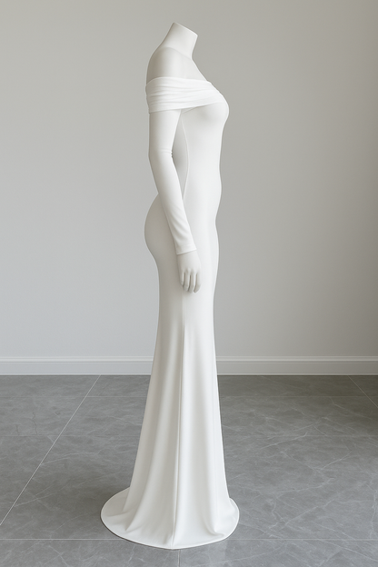 Off-Shoulder Pleated Knit Maxi Dress